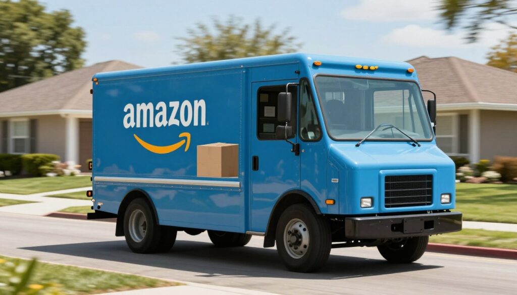 Amazon delivery truck on residential street delivering packages