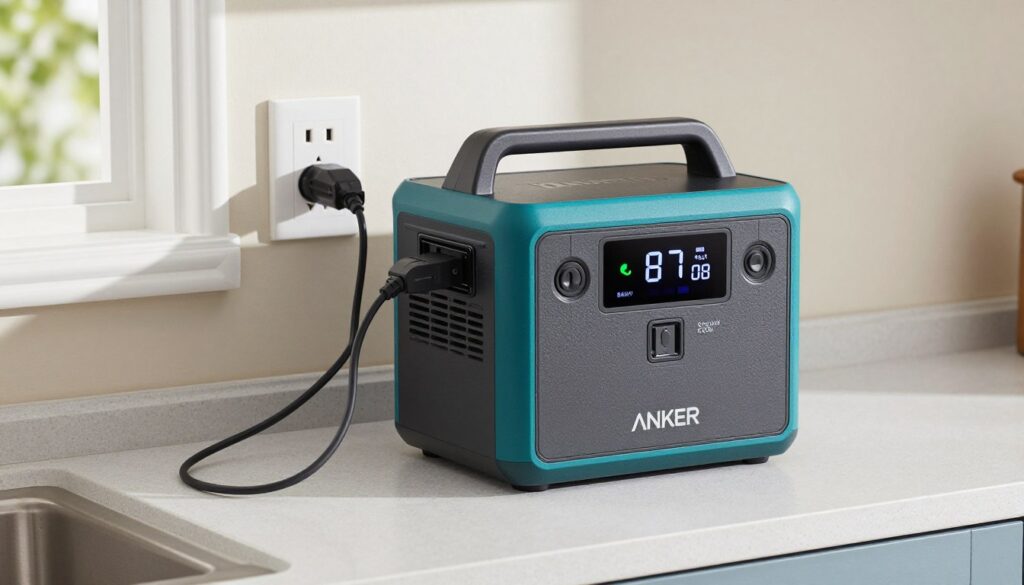 Anker SOLIX C2000 plugged into wall outlet showing fast charging display at 58 minutes to full