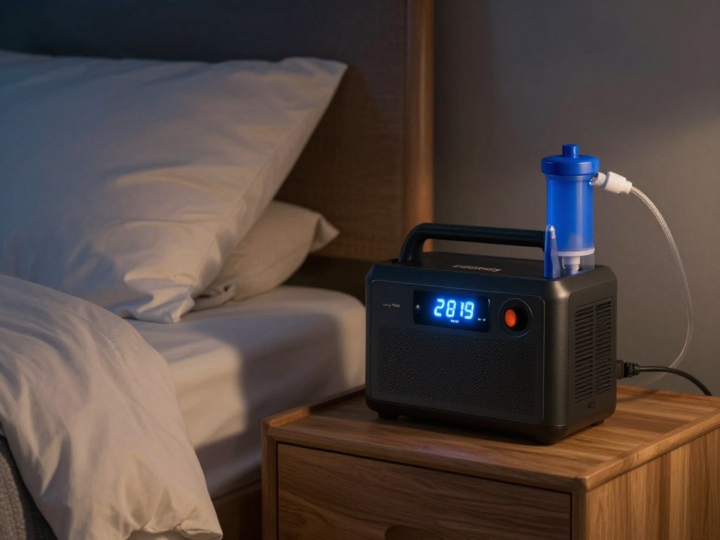 CPAP machine connected to portable power station on bedside table during nighttime power outage