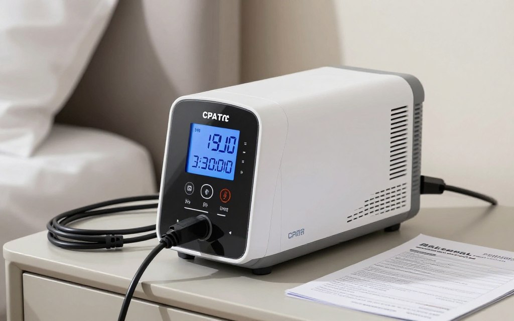 CPAP machine with power meter showing wattage consumption display