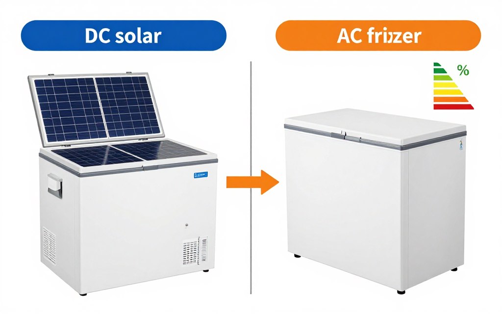 Comparison diagram showing DC solar chest freezer versus AC standard freezer with power flow illustrations