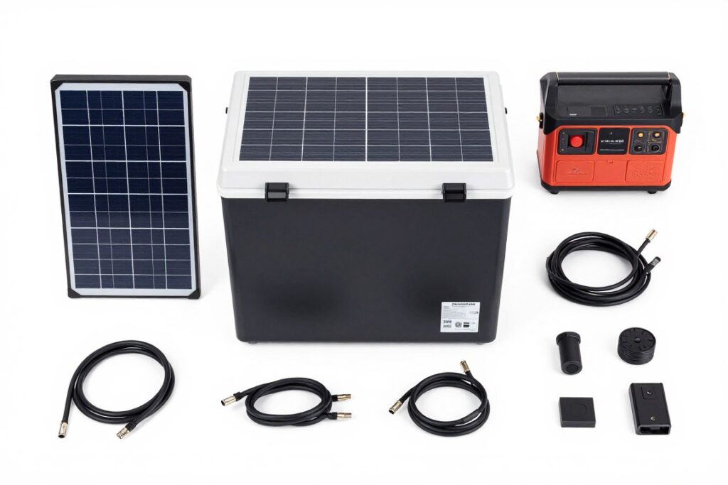 Complete solar chest freezer system components laid out showing freezer, power station, solar panels and accessories