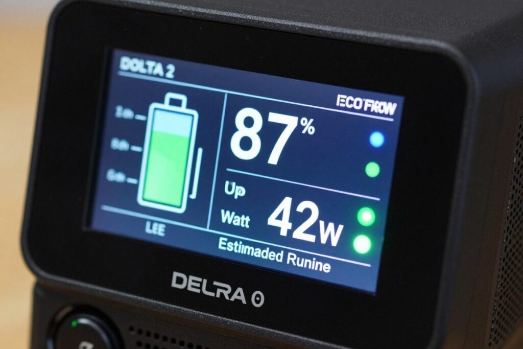 EcoFlow DELTA 2 display screen showing battery level and output wattage