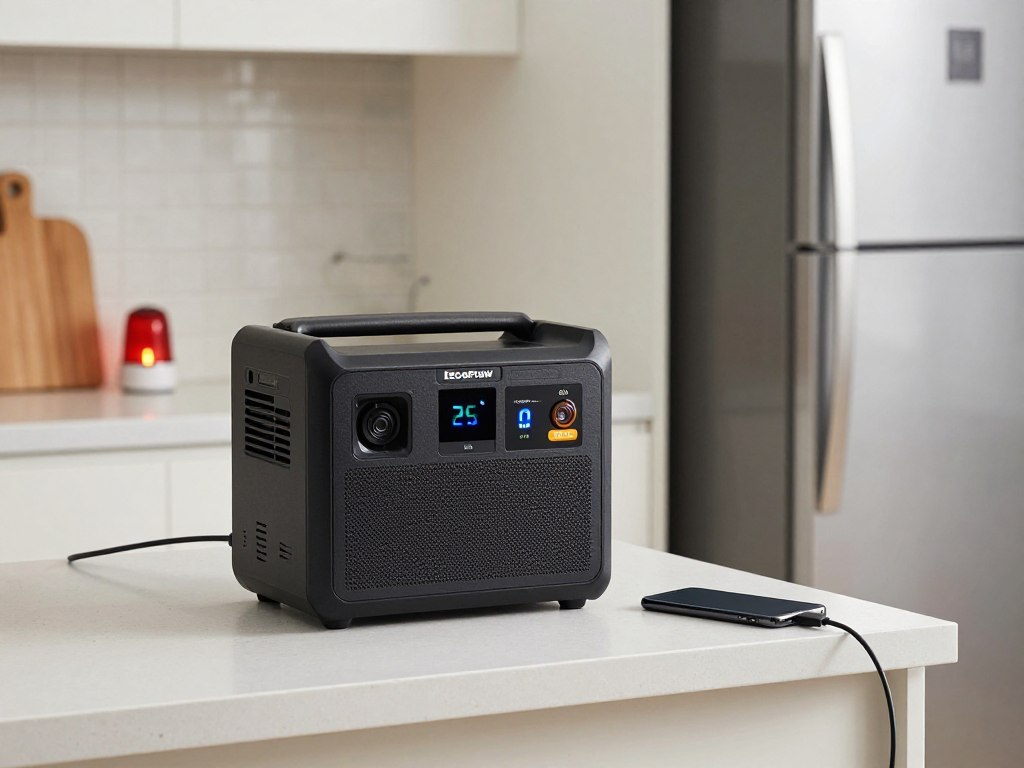 EcoFlow DELTA 2 portable power station charging refrigerator and devices in kitchen during outage