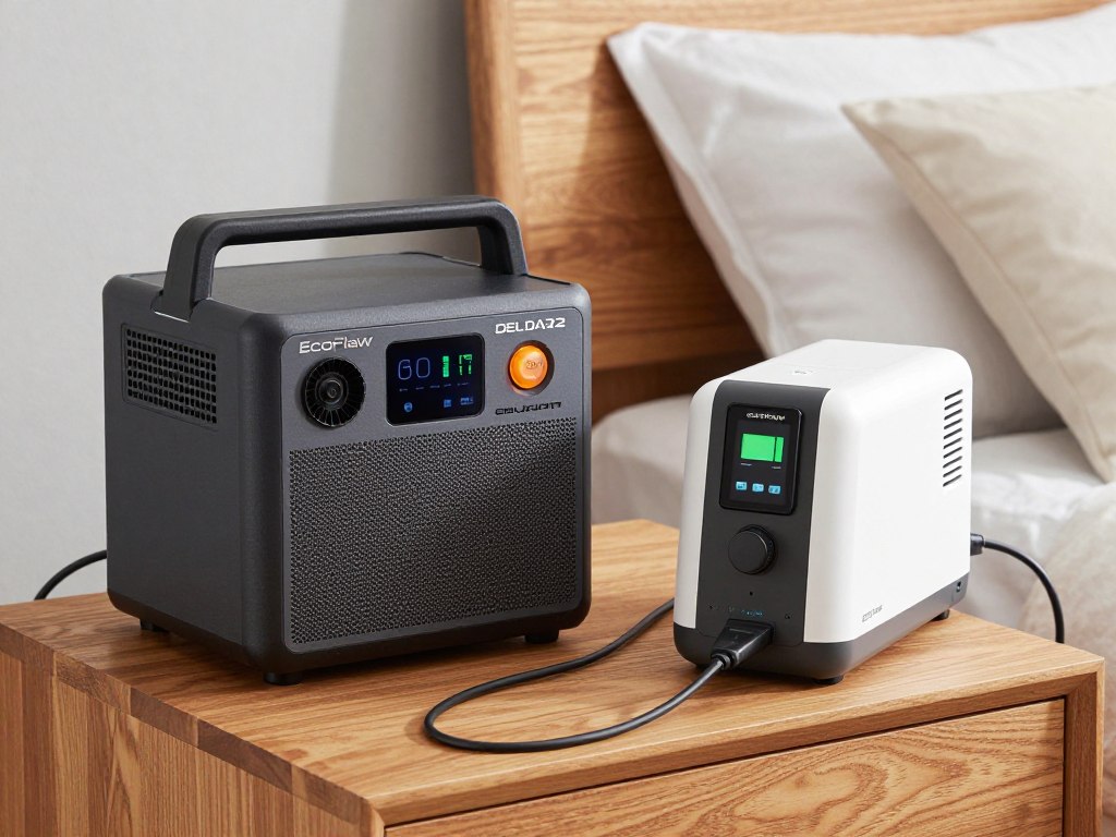 EcoFlow DELTA 2 portable power station on bedside table next to CPAP machine