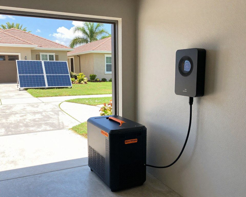 EcoFlow DELTA Pro Ultra with Smart Home Panel installed in garage with solar panels visible outside