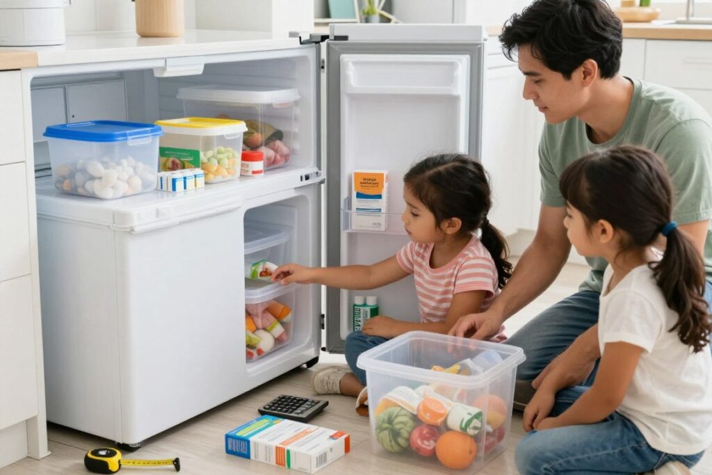 Family measuring and planning solar chest freezer capacity with food items and storage containers