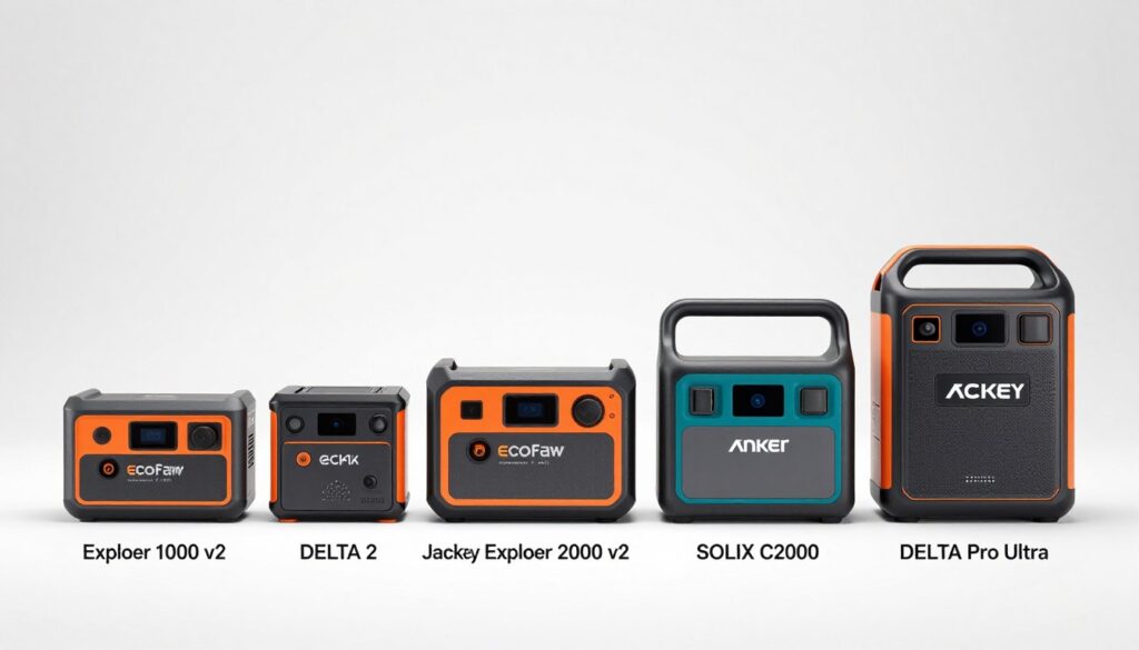 Five different portable power station models arranged in a row showing size comparison from smallest to largest
