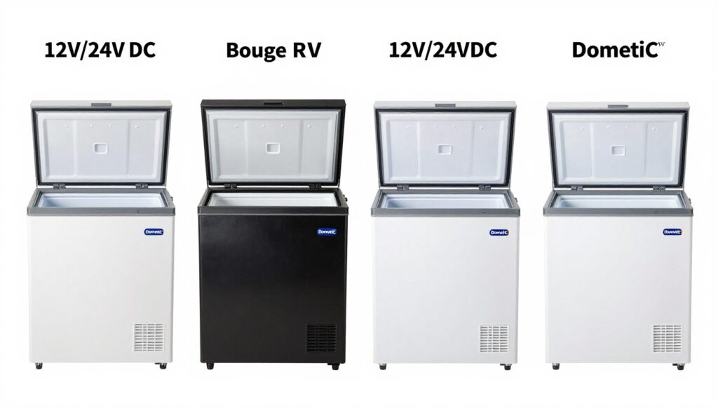 Four different solar chest freezer models displayed side by side for comparison