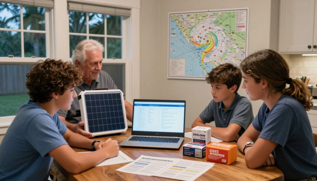 Gulf Coast family reviewing portable power station options on laptop before hurricane season