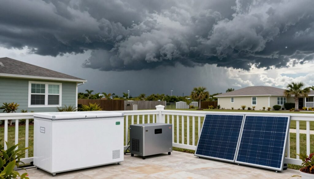 Hurricane approaching Florida coastline with solar chest freezer system prepared at home in foreground