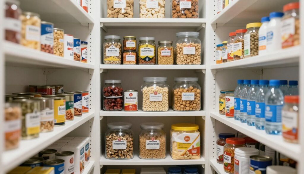 Hurricane food supply with non-perishable items organized on pantry shelves