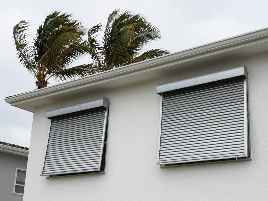 Hurricane shutters protecting home windows before storm