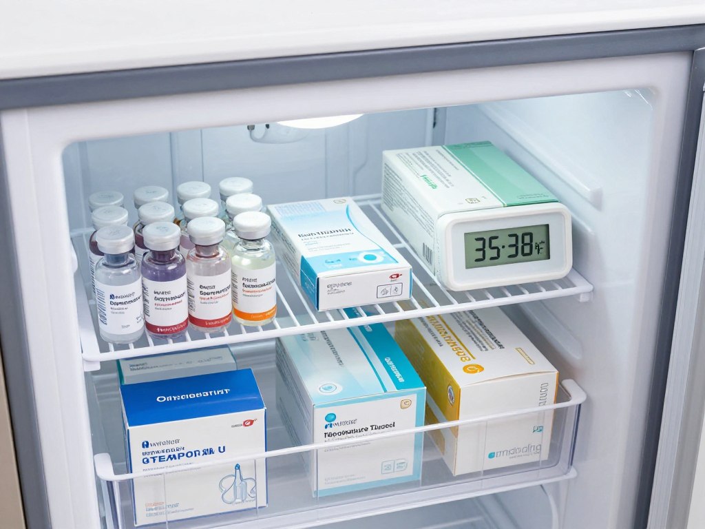 Insulin vials and medication supplies organized inside a solar chest freezer with temperature display showing safe range
