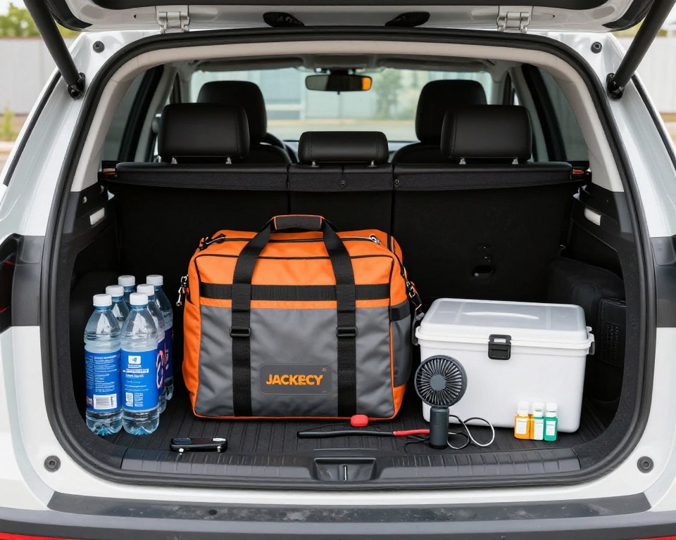Jackery Explorer 1000 v2 in car trunk with emergency supplies and evacuation bag