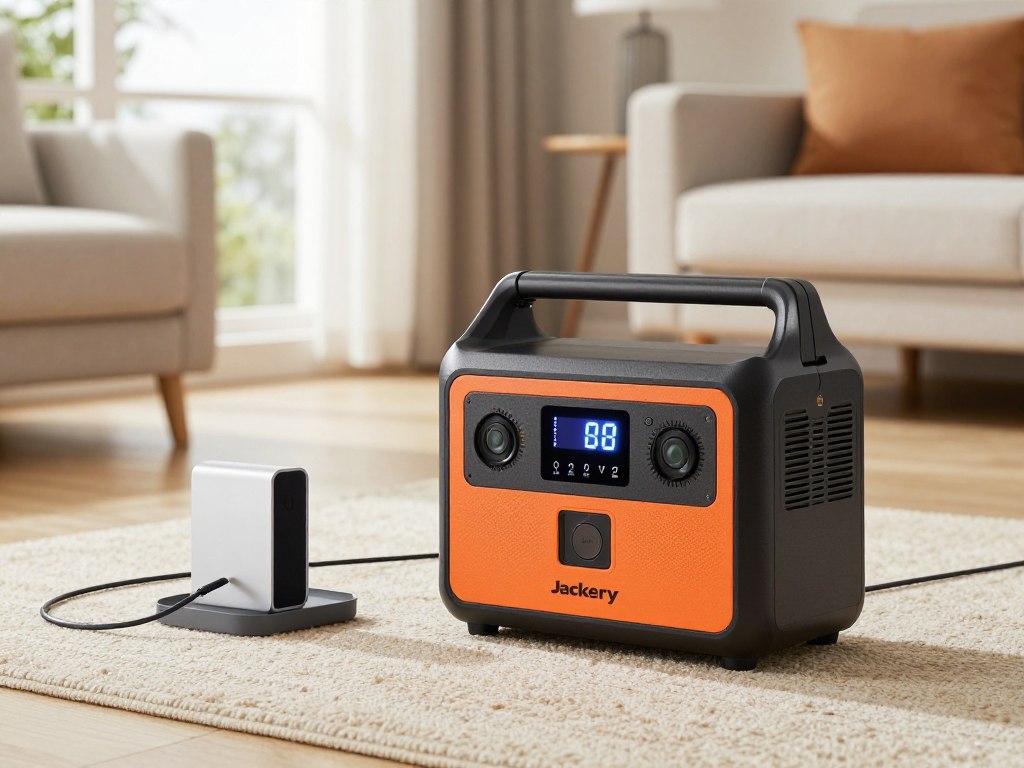 Jackery Explorer 1000 v2 portable power station in modern apartment with devices plugged in