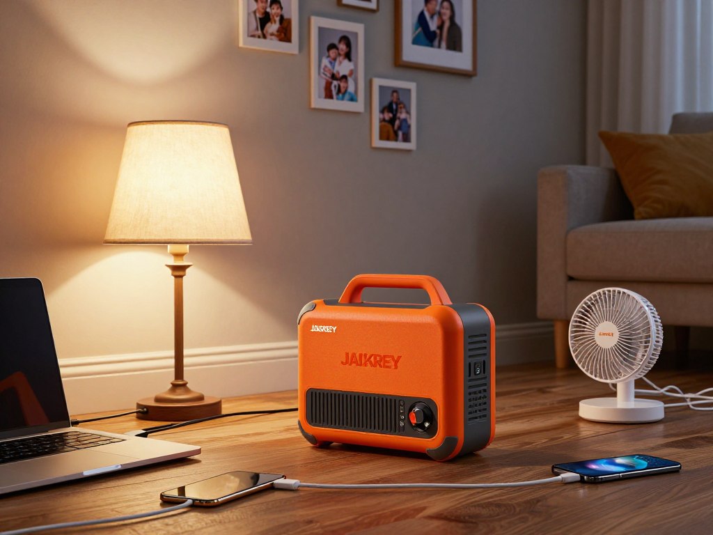 Jackery Explorer 2000 v2 in a family living room during a power outage with lights and devices connected