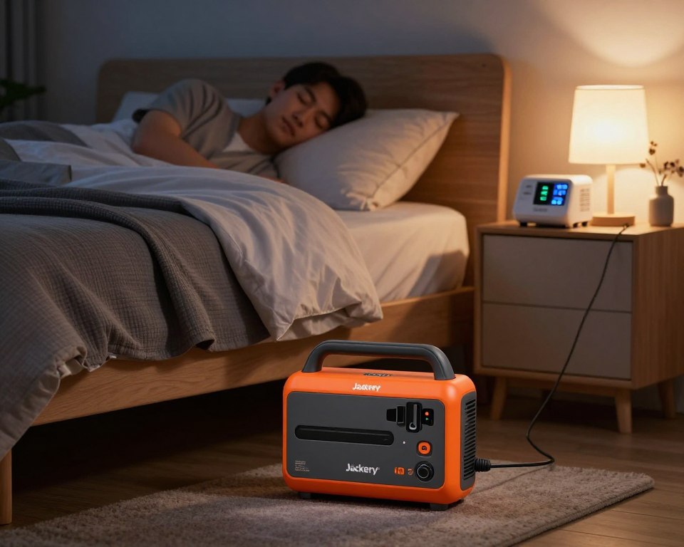 Jackery Explorer 2000 v2 in bedroom powering CPAP machine and bedside lamp