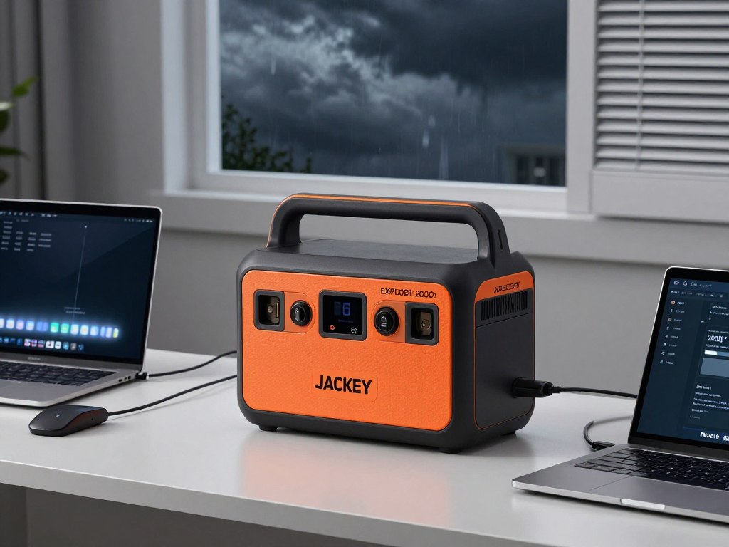 Jackery Explorer 2000 v2 portable power station powering multiple home appliances during storm