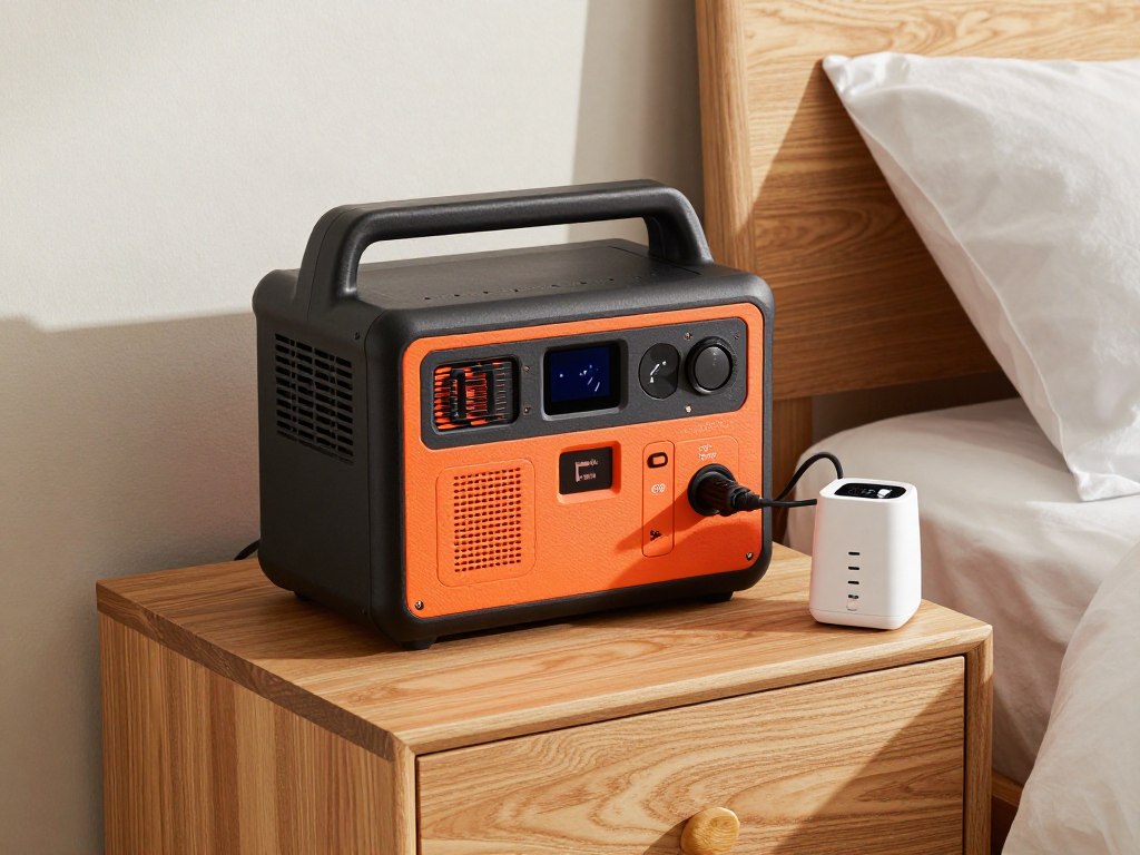 Jackery Explorer 300 Plus portable power station on bedroom nightstand next to CPAP machine