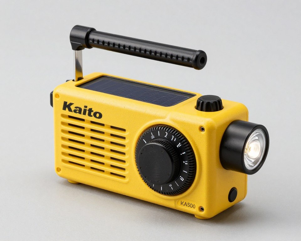 Kaito KA500 emergency radio with hand crank and solar panel showing multiple band reception