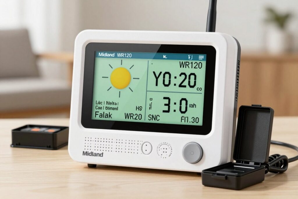 Midland WR120 desktop weather alert radio with large display and alert buttons