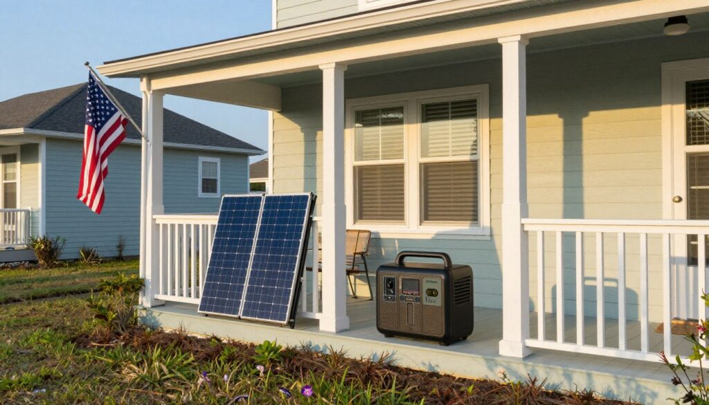 Peaceful Gulf Coast home with portable power station ready on porch with solar panels deployed before storm season