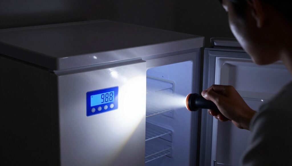Person using solar chest freezer during power outage with flashlight at night
