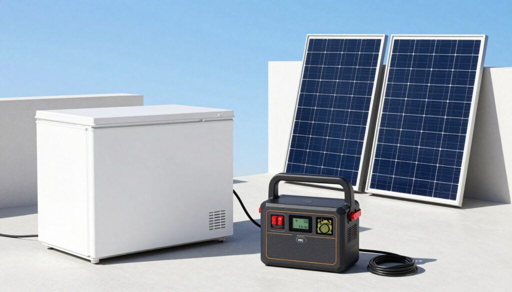 Solar chest freezer connected to portable power station with solar panels on patio during sunny day