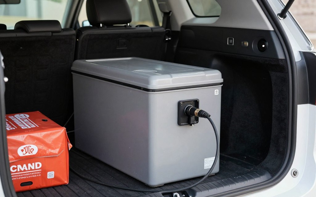 Solar chest freezer connected to vehicle 12V outlet in car trunk during emergency situation