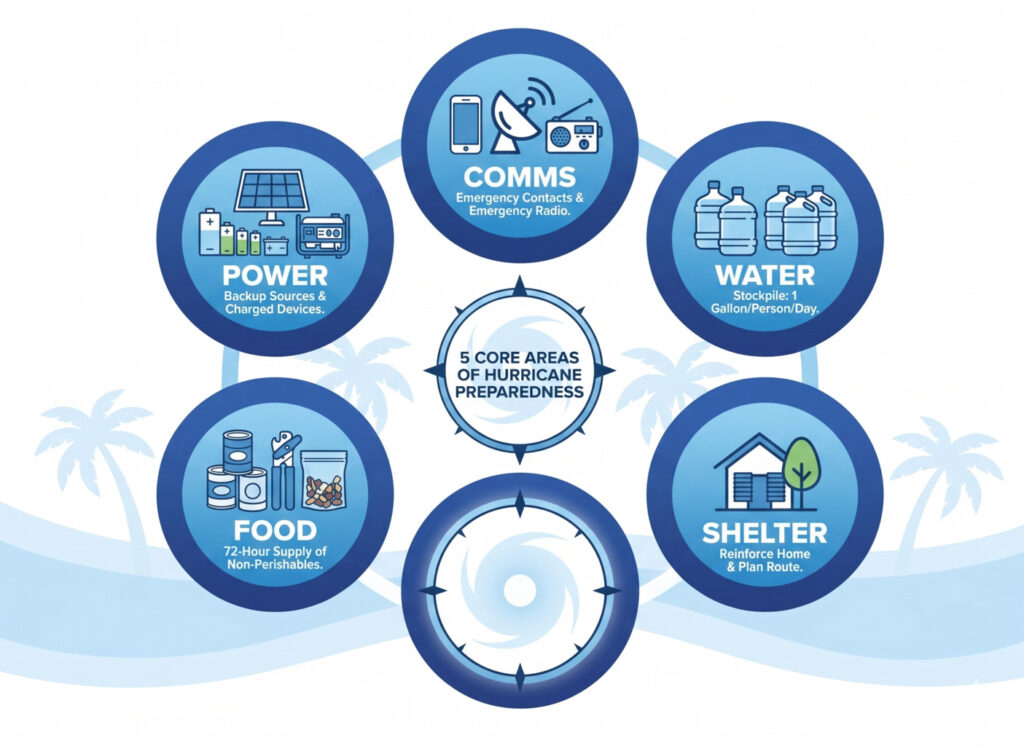The Five Categories of Hurricane preparedness: Power, Comms, Water, Food, and Shelter
