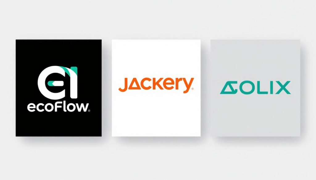 Three brand logos for EcoFlow Jackery and Anker SOLIX displayed on branded portable power stations