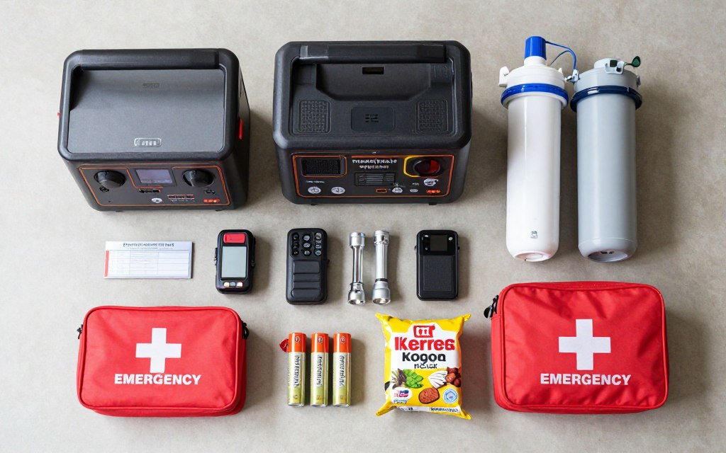 complete hurricane emergency kit layout showing radio, power station, water filter and communication devices