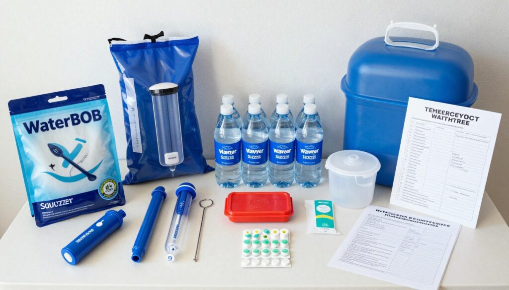 complete hurricane water preparedness kit laid out with filters and storage
