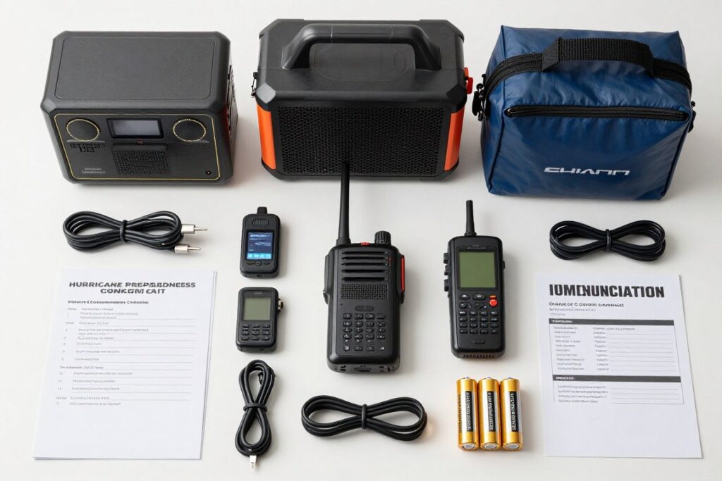 completed hurricane preparedness kit with satellite communicator and supporting equipment organized
