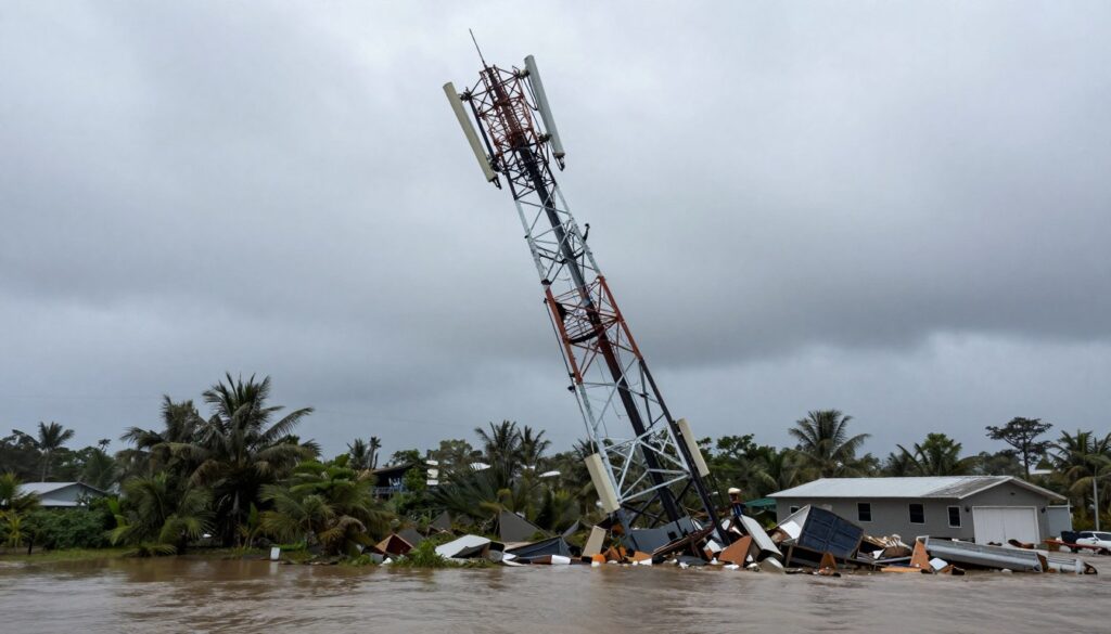damaged cell tower after hurricane with broken antenna equipment and flooding