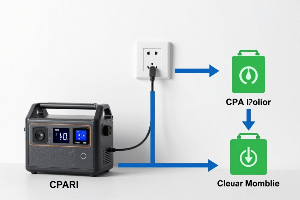 diagram showing UPS pass-through power flow from wall to CPAP