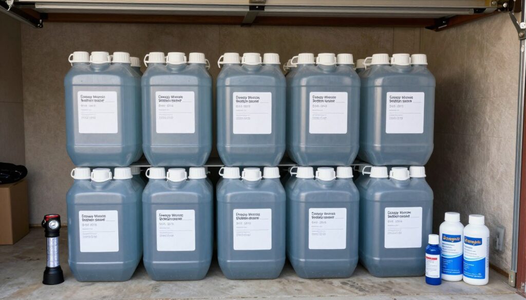 emergency water storage containers organized for hurricane preparedness