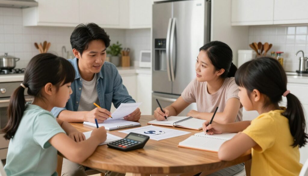 family calculating power needs on paper with appliances visible in background