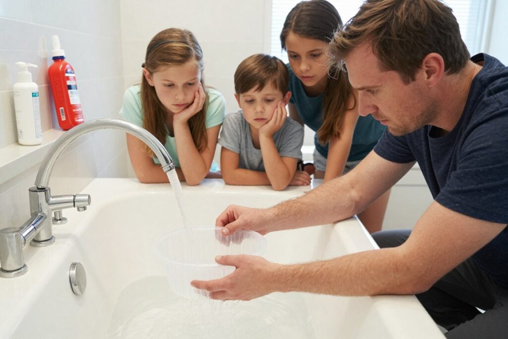 family filling WaterBOB bladder before hurricane arrival