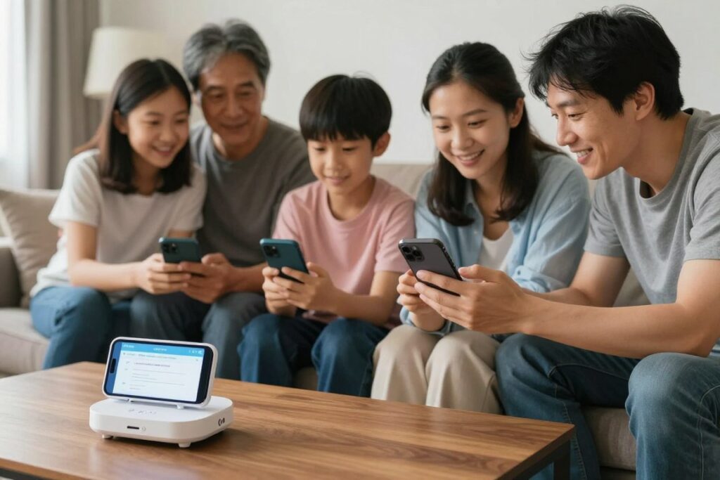 family looking at phones receiving test message from satellite communicator