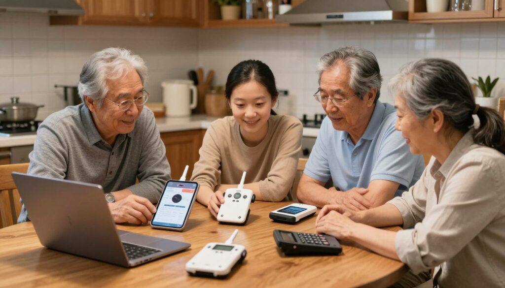 family reviewing satellite communicator options and making purchase decision