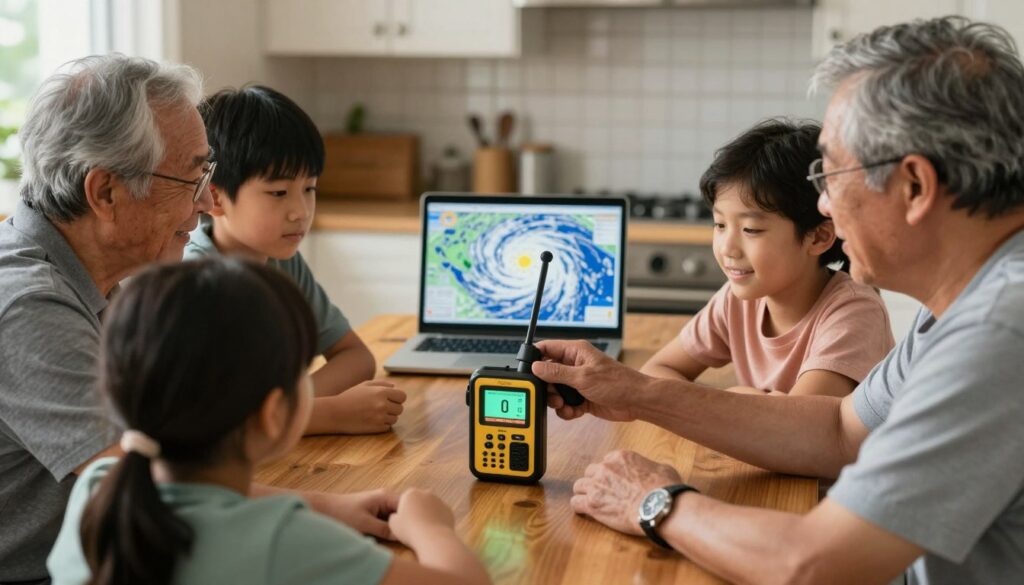 family testing emergency weather radio together at home preparing for hurricane season
