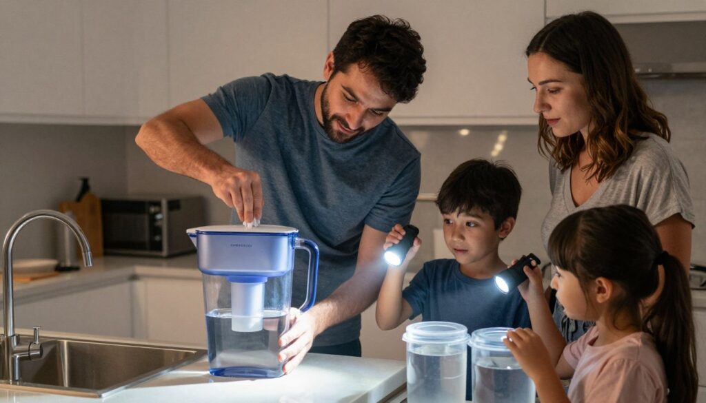family using Sawyer Squeeze filter during hurricane emergency