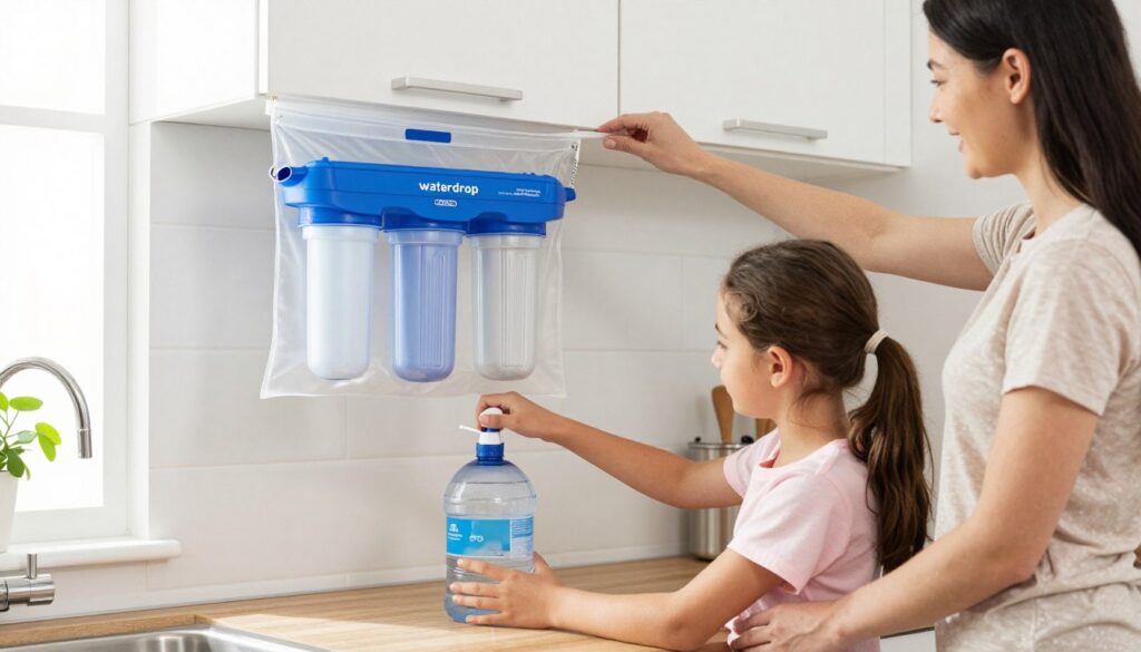 family using gravity water filter system during hurricane recovery