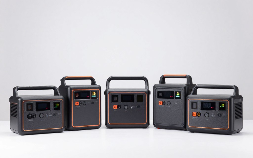 five portable power stations arranged side by side for comparison