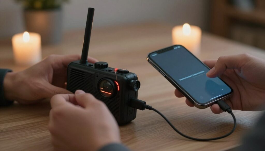 hand crank emergency radio charging smartphone via USB cable during power outage