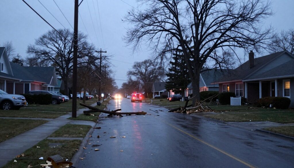 hurricane damaged neighborhood with power lines down and dark houses at dusk