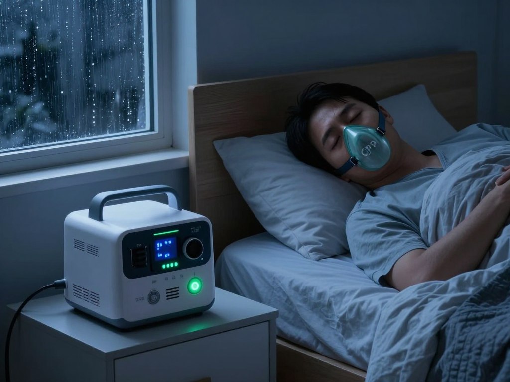 person sleeping with CPAP machine during storm with backup battery illuminated