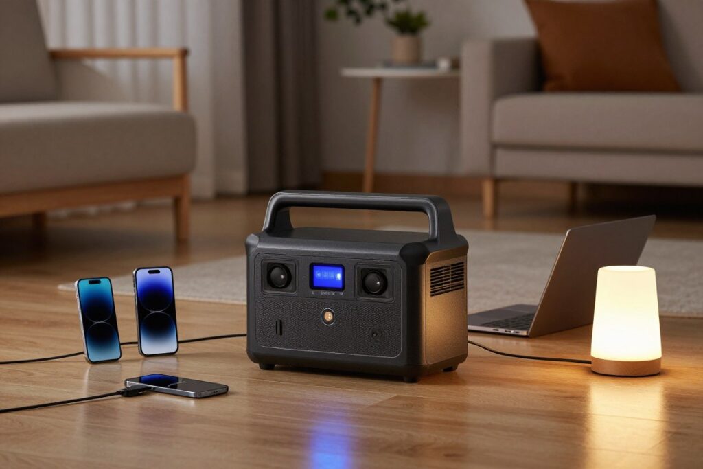 portable power station charging devices in apartment during power outage